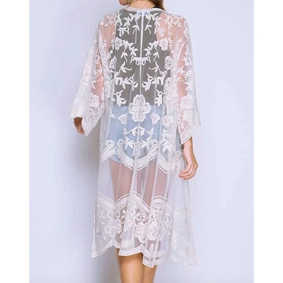 White Crochet Knitted Lace Open Front Kimono Cardigan Bikini Swimsuit Coverup - Picture 5 of 5